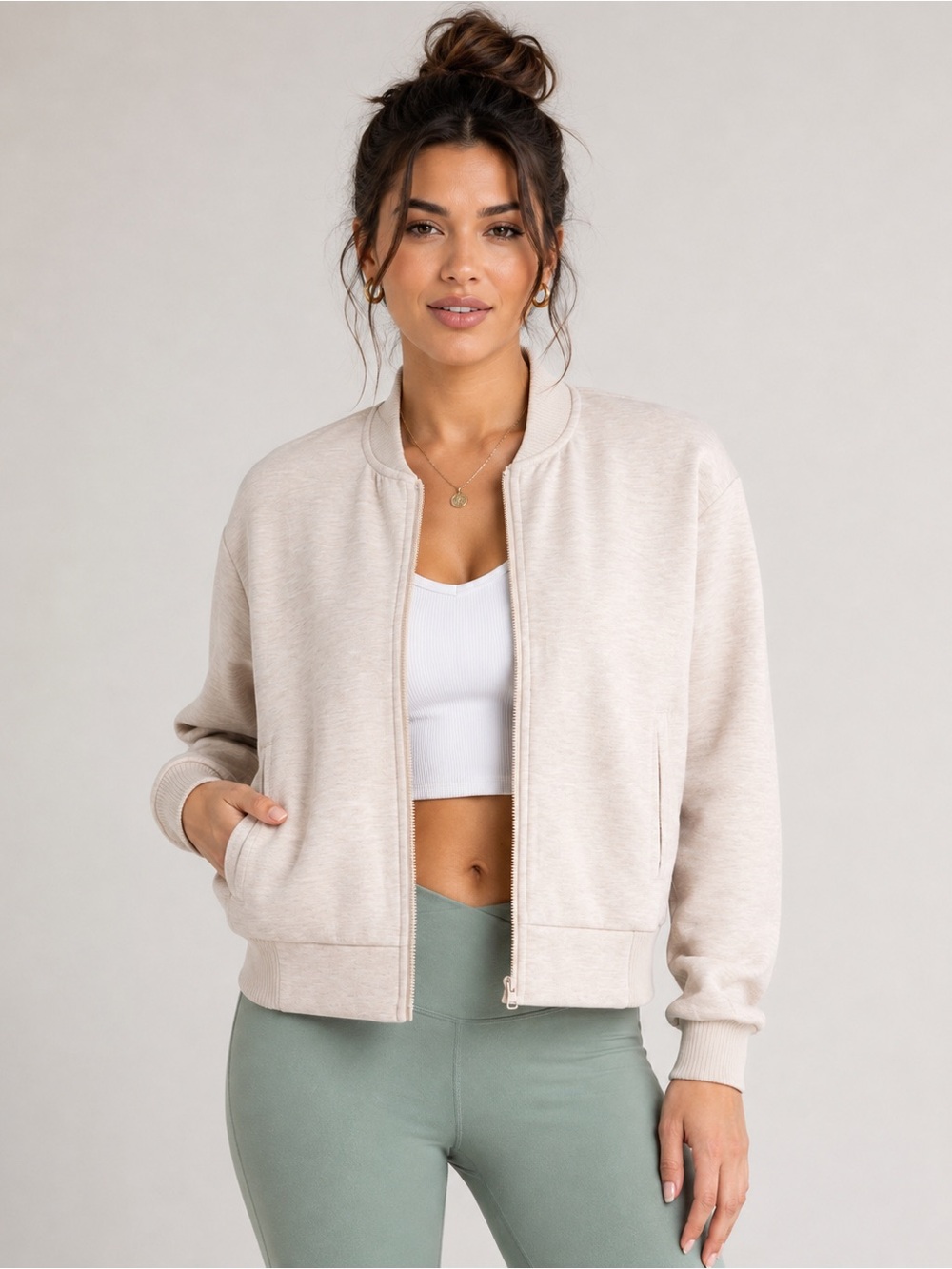 YOGALICIOUS Second Avenue Full Zip Scuba Bomber Jacket Heather Shadow WMS XL